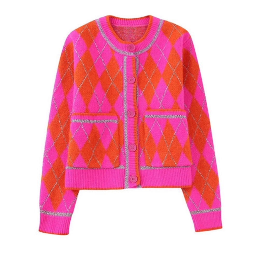 Zara Pink Orange Argyle Knit Cardigan with Silver Metallic Accent Size Small
